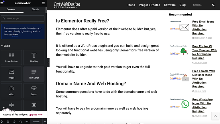 Elementor Free Version Features